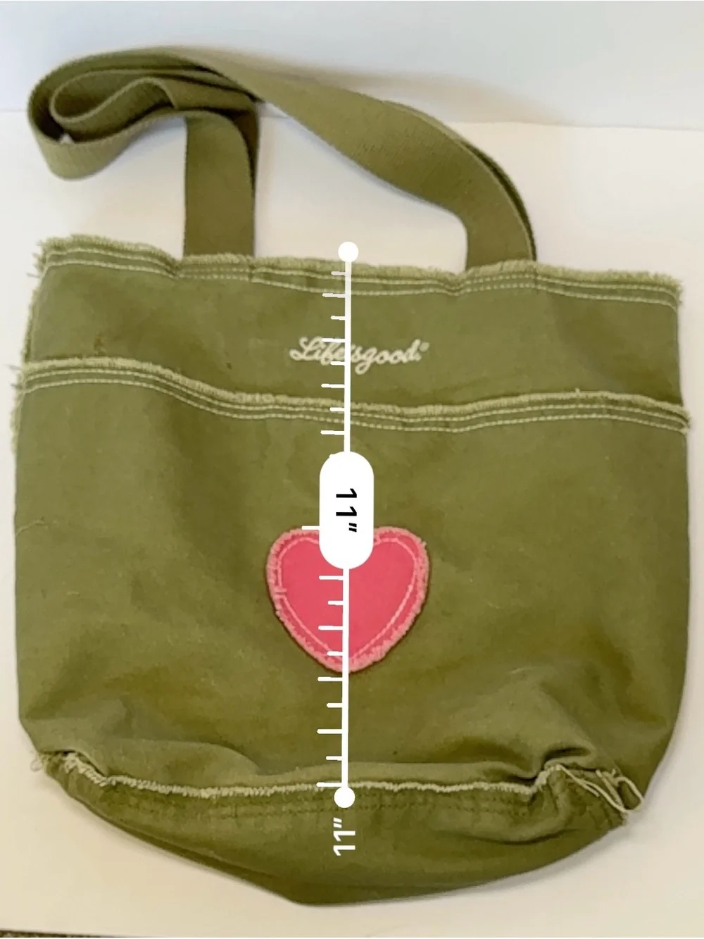 Life is Good Olive Canvas Frayed Heart Tote